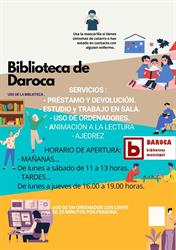 Horario de apertura Biblioteca Pública Municipal “Pedro Sánchez Ciruelo” de Daroca., 