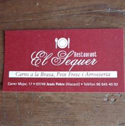 Horario de apertura Restaurante El Sequer Jesús Pobre, Dénia